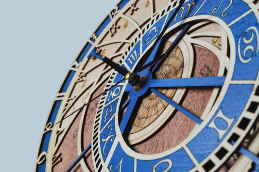 Zodiac Constellation Wooden Wall Clock – Laser-Cut Eco Wood Timepiece with Blue Accents, Astrology Decor Gift