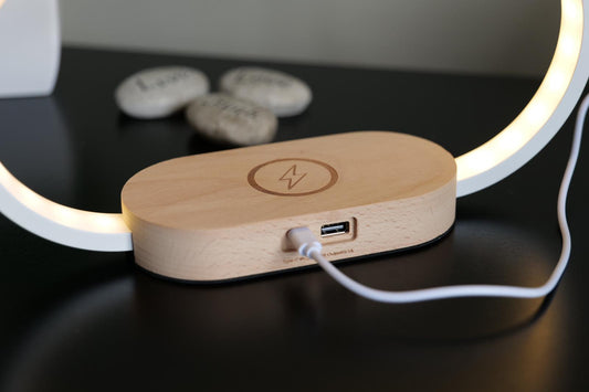 LED Arch Night Light Wooden Alarm Clock: Wireless Phone Charger & USB