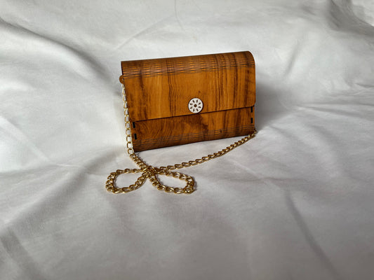 Handcrafted Wooden Clutch Purse: Elegant Square Design with Gold Chain