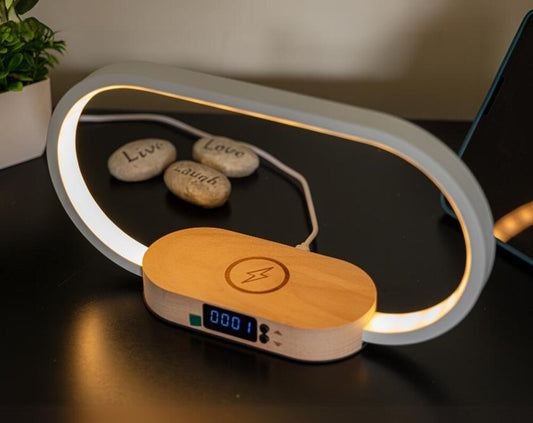 LED Arch Night Light Wooden Alarm Clock: Wireless Phone Charger & USB